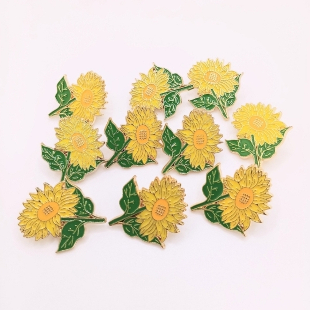 Bundle Of 10 Enamel Sunflower Metal Badge Pins
